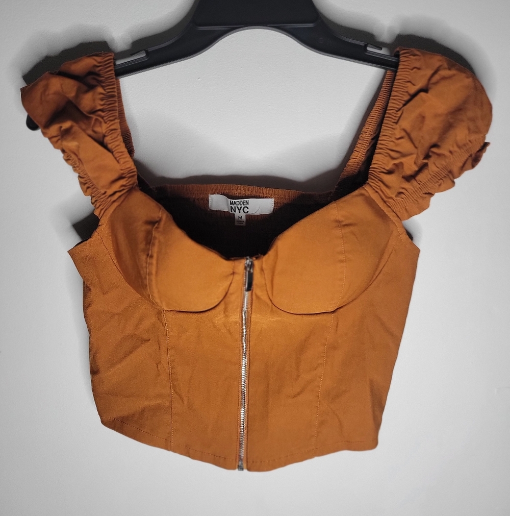 Madden NYC Rust Orange Zipper Push Up Crop Top with Ruched Sleeves NWOT